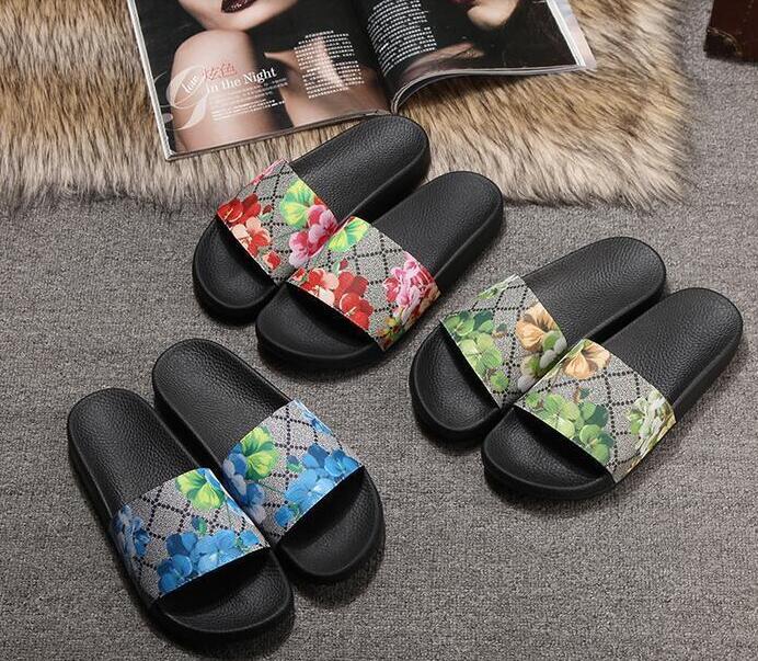 

Rubber slide sandal Floral brocade men slipper Gear bottoms Flip Flops women striped Beach with Box US5-11, Brown