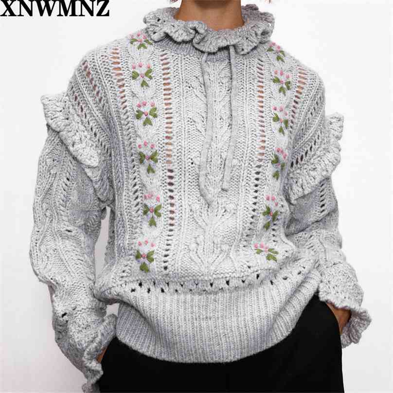 

women Fashion embroidered oversized sweater Female loose-fitting bow long sleeve Ruffle trims High neck chic sweaters 210520, Gray