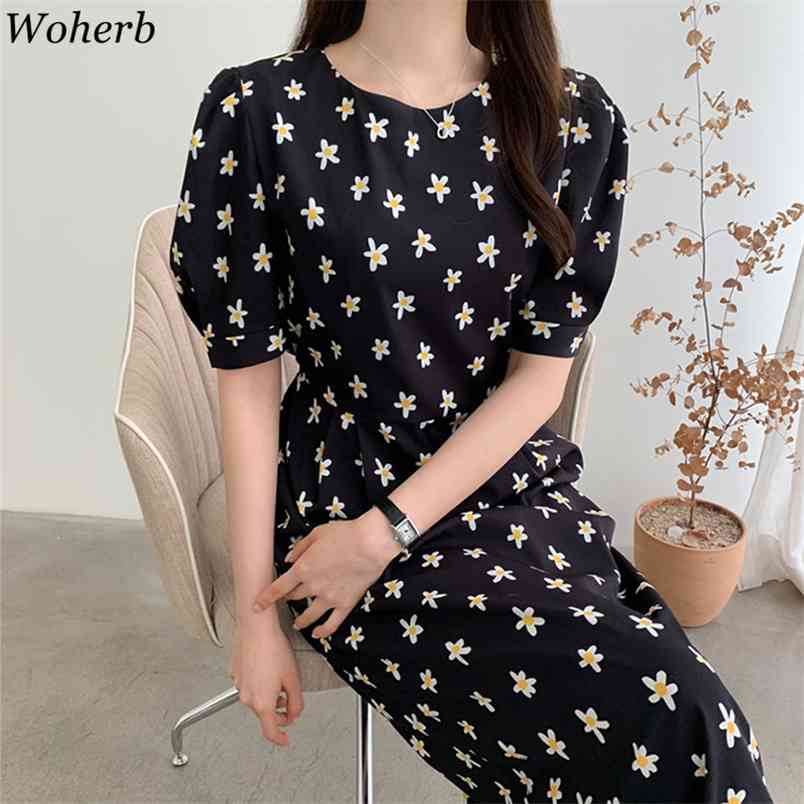 

Korean Chic Summer Dresses Elegant Retro Floral Print Round Neck Puff Sleeve Long Dress Female Vestidos 210519, Black