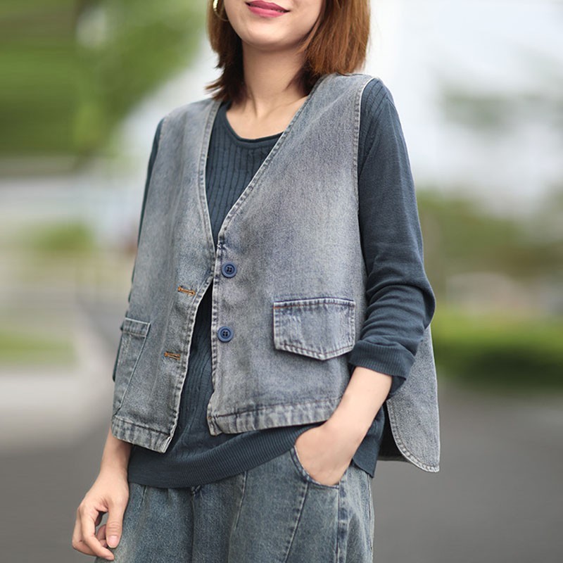 

Johnature Autumn Korean Solid Color V-neck Button All-match Denim Vest Loose Leisure Retro Fashion Women Tops Vest 210521, Blue