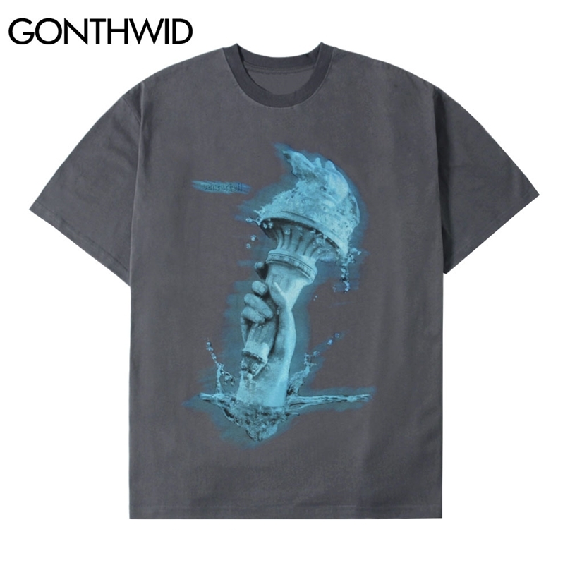 

T-Shirts Casual Men Hip Hop Torch Hand Statue Print Short Sleeve Tees Cotton Loose Harajuku Streetwear Fashion Tops 210602, Black