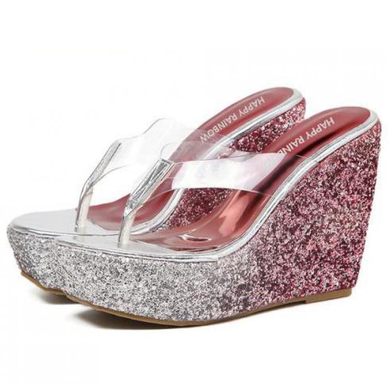 

Sandals Summer Wedges Heel 12cm Night Club Sexy Shoes Platform Sequin High Women's, 12cm heel