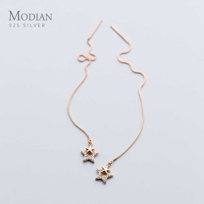

Fashion Long Chain Drop Earrings for Women 925 Stelring Silver Geometric Stars Clear CZ Dangle Earring Female Jewelry 210707