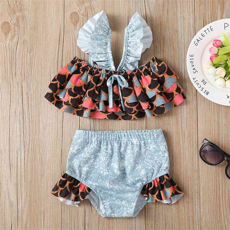 

Summer Children Sets Casual Sleeveless Ruffles Tops Muti Scale Shorts 2Pcs Girls Swimming Suit Clothes 210629, Black