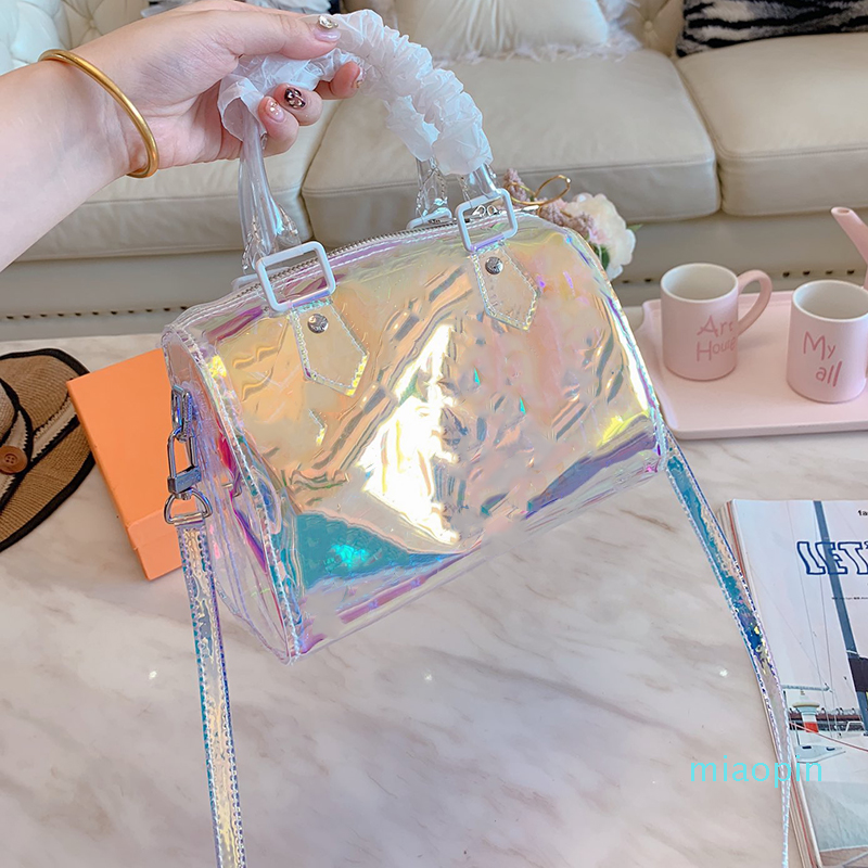 

Newset Rainbow BB Shell Bag Printing Handbags Clear Handbags Clutch Laser Flash PVC Clutches Handbags Transparent Duffle Bag, As pic 3-flowers-25x19x12cm