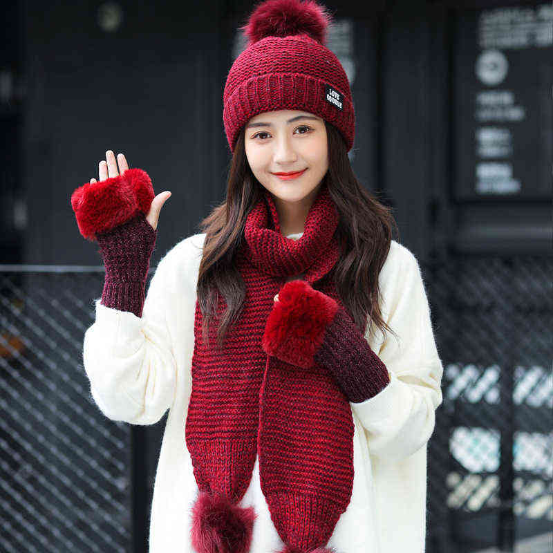 

Women Winter Hat Scarf /gloves Sets Female 3pcs Knitted s Set Caps for Girl Warm Skullies Beanies 2020 Hot