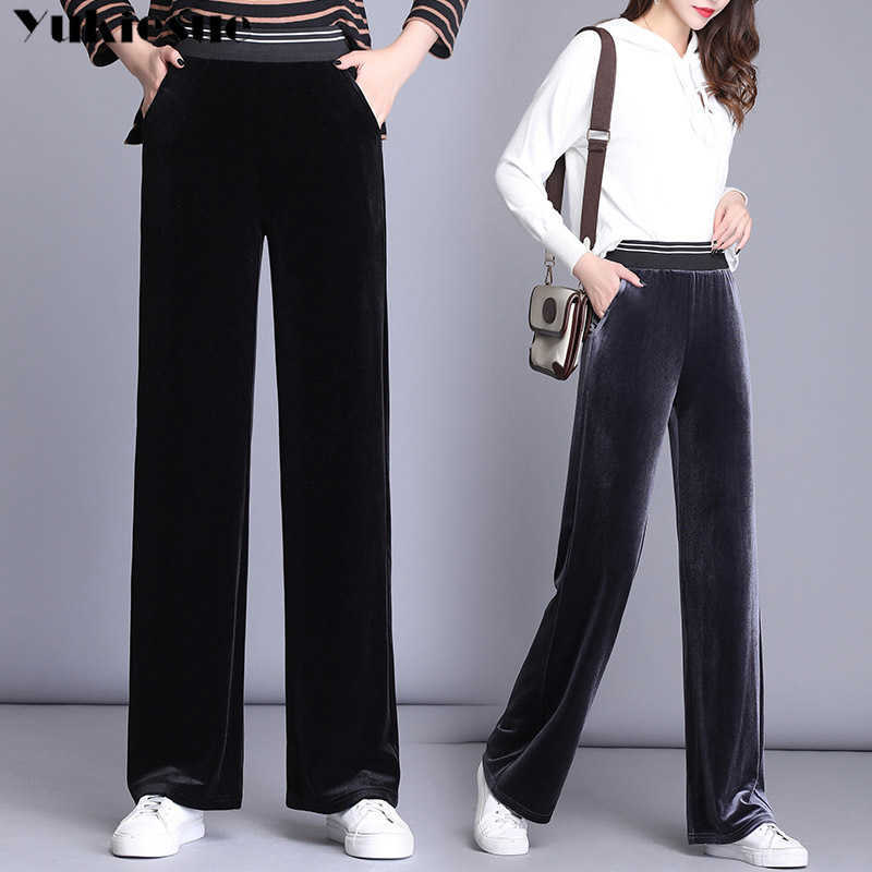 

Women' High Waist Striped Wide Leg Long Pants Office Lady Loose office Stretch gold Velvet Casual Trousers Plus Size -6XL 210608, Black
