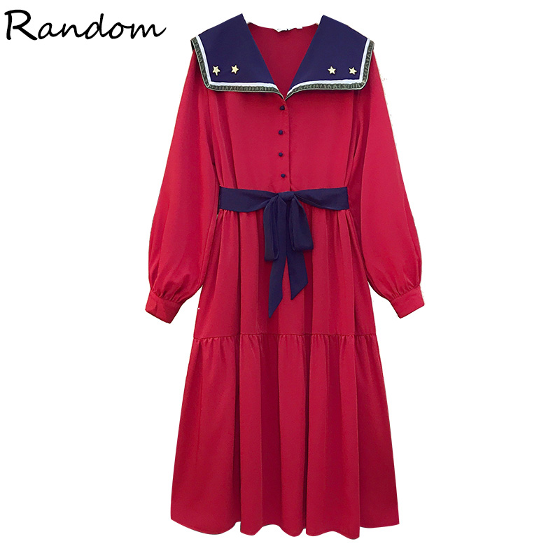 

plus size women navy style embroidery sweet cute red party dress 2021 autumn long sleeve lapel vintage dresses loose clothing, Black;gray