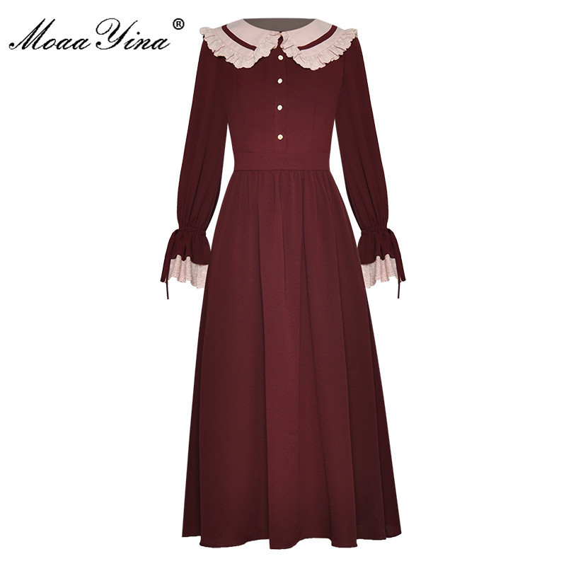 

Fashion dress Autumn Women's Dress peter pan collar Flare Sleeve Slim Elegant Preppy Style Dresses 210524, Burgundy