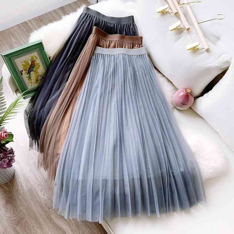 

A-Line Skirt Women Spring Summer Tulle s black gray khaki lace Long Mesh Slim Elastic High Waist Pleated s 210603, Apricot