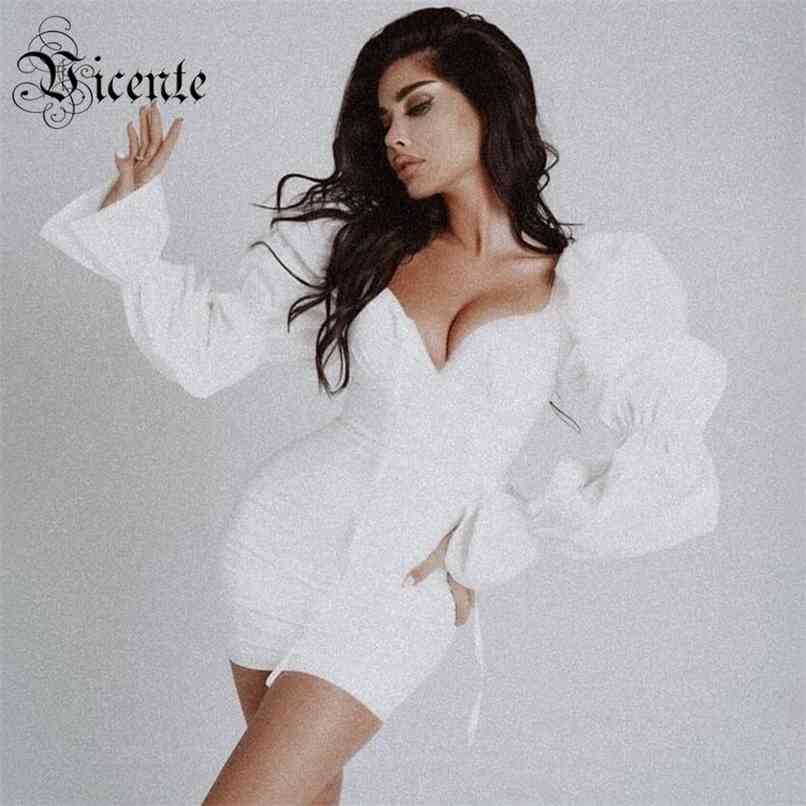 

Trendy White Dress Flared Sleeves Lace-up Design Square Collar Celebrity Party Club Mini 210520