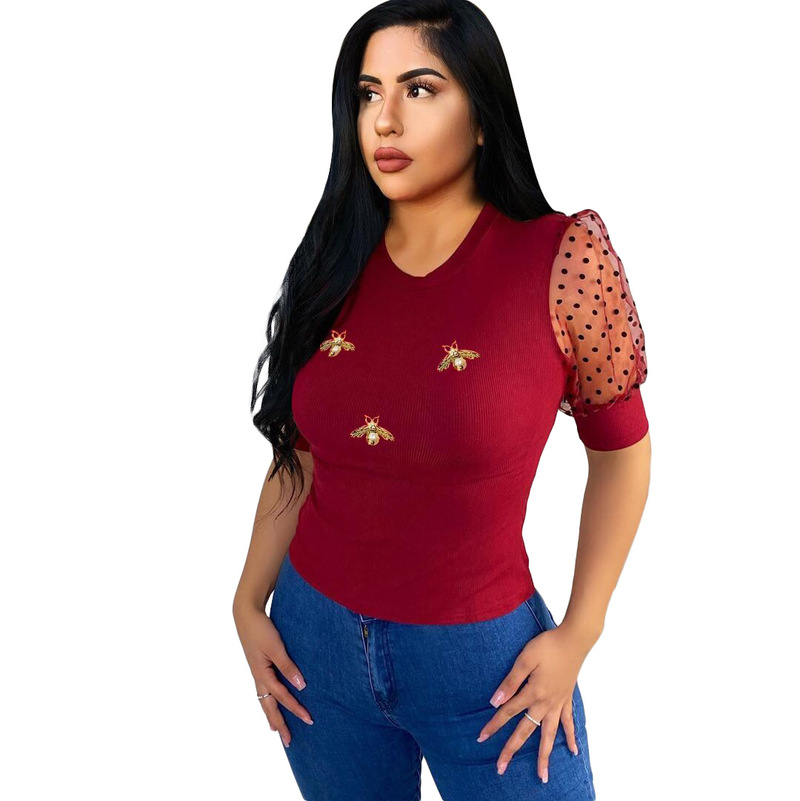 

2021 New Bee Printed Mesh Puff Sleeve Top Short Sleeve T-Shirt Women, White