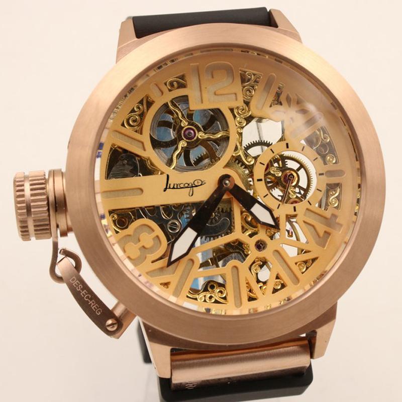 

Wristwatches Skeleton Men Luxury Watch Rose Gold Sapphire Leather Strap U Style Automatic Self Wind Movement Luminous Boat + Wristwatch, 01
