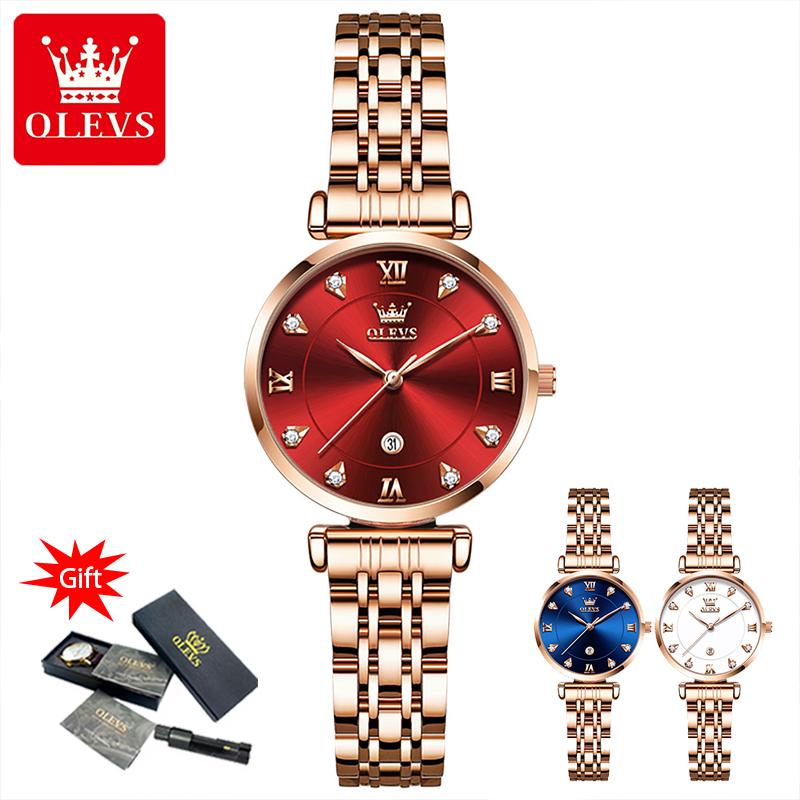

Wristwatches Top Brand Women Bracelet Watches Ladies Stainless Steel Rhinestone Quartz Wrist Watch Luxury Fashion Relogio Mujer, Red
