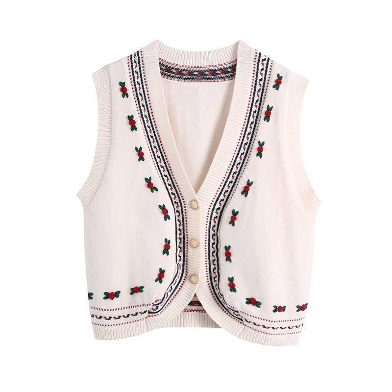 

Casual Flower Crochet Sweater Vest V neck Sleeveless Sweet Waistcoat Knitwear Spring Women 210525, Beige