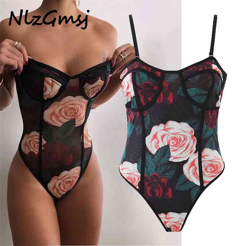 

Bodysuit Women Floral Print Mesh Sleeveless Summer Body Femme Sexy Lingerie Top 04 210628, As picture