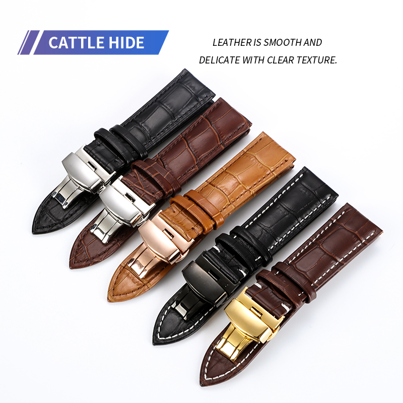 

The first layer leather calfskin strap stainless steel butterfly buckle black dark brown men and women fashion simple 12mm 14mm 16mm 18mm 20mm 22mm 24mmWatch Bands