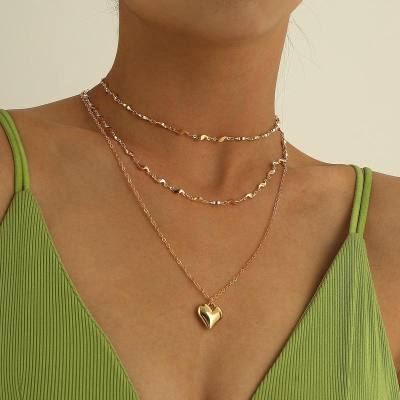 

Chains Heart Necklace Woman Multilayer Necklaces For Women Elegant Fashion Pendant Lovers Wedding Jewelry Gold Color Zinc Alloy Collier