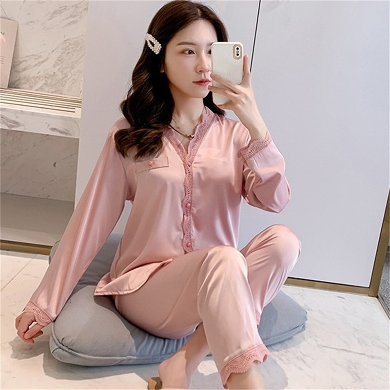 Women&#039;s Sleepwear Satin Pajamas Suit For Women Pj&#039;s 2PCS Button-Down Shirt&Pants Lace V-Neck Home Clothes Thin Comfy Intimate Ling-image-702064309
