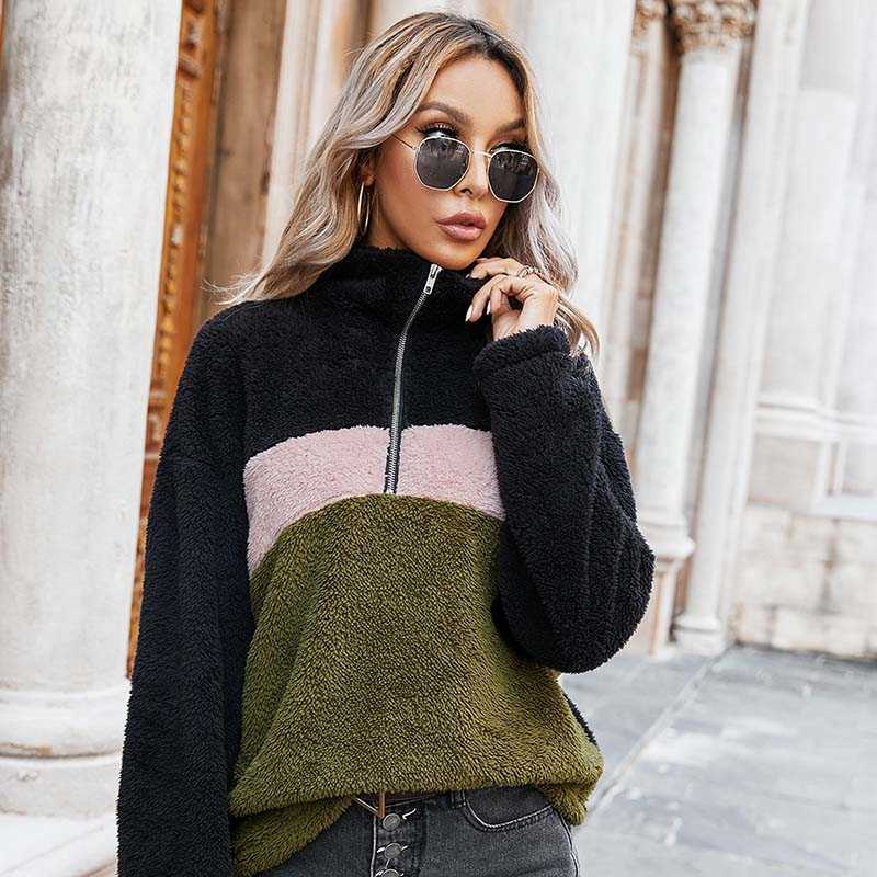 

Warm Plush Patchwork Autumn Winter Women Sweatshirt Turn Down Collar Zip Streetwear Female Pullovers W639 210526