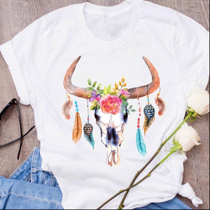 

graphic skull heifer feather women t shirt cow print halloween clothing clothes tees female womens, White