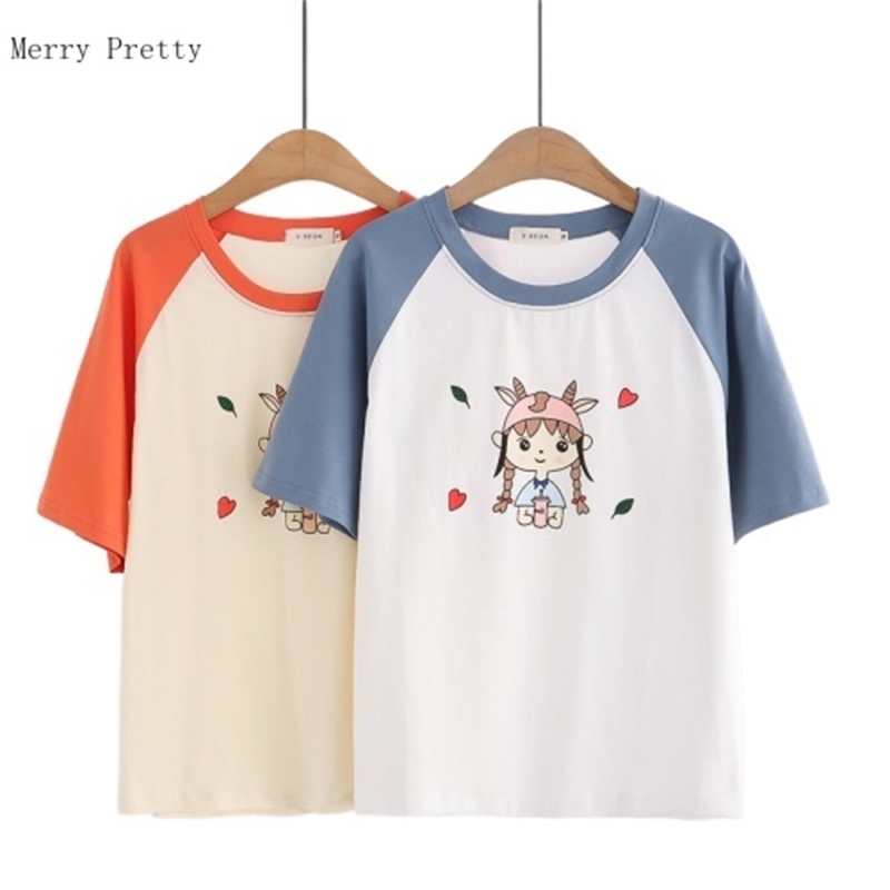 

Short Sleeve O-neck Casual Cotton T-Shirts Women Clothing Summer Sweet Style Ladies Basic Patchwork Kawaii Cute Tops Tees 210526, Blue