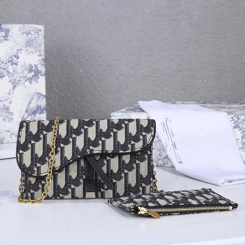 

Women's Shoulder Bags Classic Blue Oblique Jacquard Wallet Chain clutch purse Crossbody Saddle Bag Metal Logo Size 19cm With Box, Embroidery blue