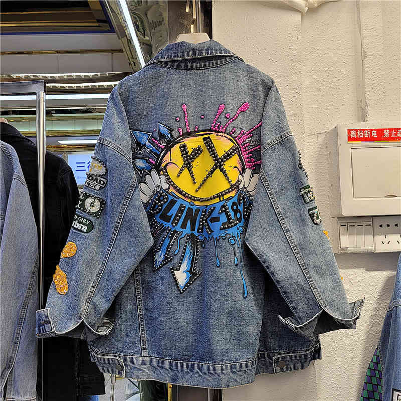 

Women's Jackets Loose jean jacket with female rhinestones, vintage hip hop style beads and embroidery, , G8BZ, 1# shoe box