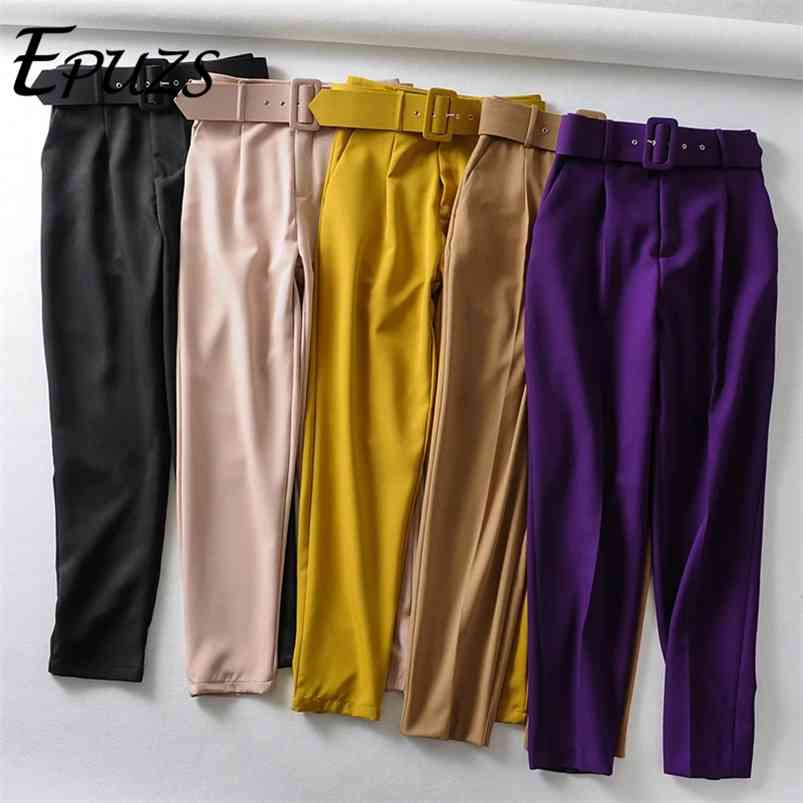 

elegant black high waist pant sashes pockets zipper office pants streetwear winter long trouser 210721, White