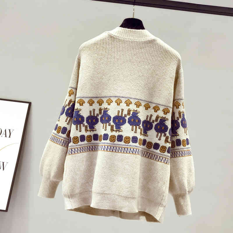

women's sweaters azyt autumn winter cardigan vintage style print medium oversized crochet casual v jacket neck sweater kngm, White;black