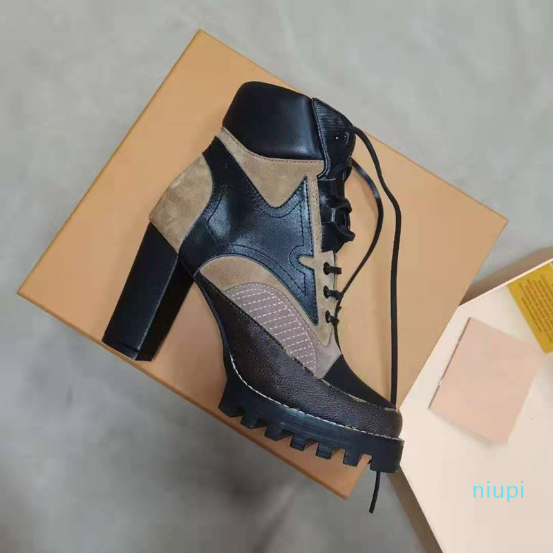 

High heeled Martin boots Autumn winter Coarse heel women shoes Desert Boot real leather zipper letter Lace up Fashion lady Heels 35-41 565, Brown