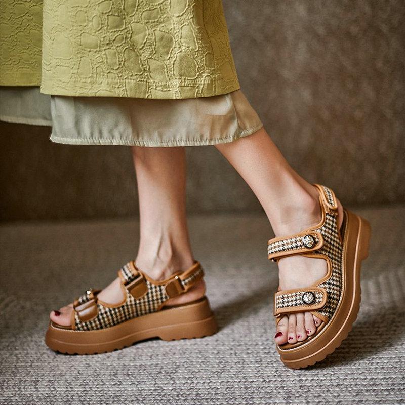 

Sandals ZawsThia 2021 Plaid Houndstooth Tweed Genuine Leather Woman Summer Shoes Platform Hook&Loop Open Toe Fisherman Flats, Black