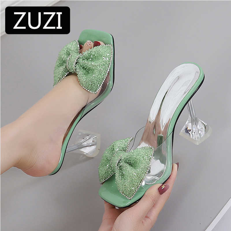 

ZUZI Slippers Female Summer 2021 New Fashion Fish Mouth Shoes Square Glass Glue Rhinestones Drag Stiletto High Heels Sandals Y0721, Beige