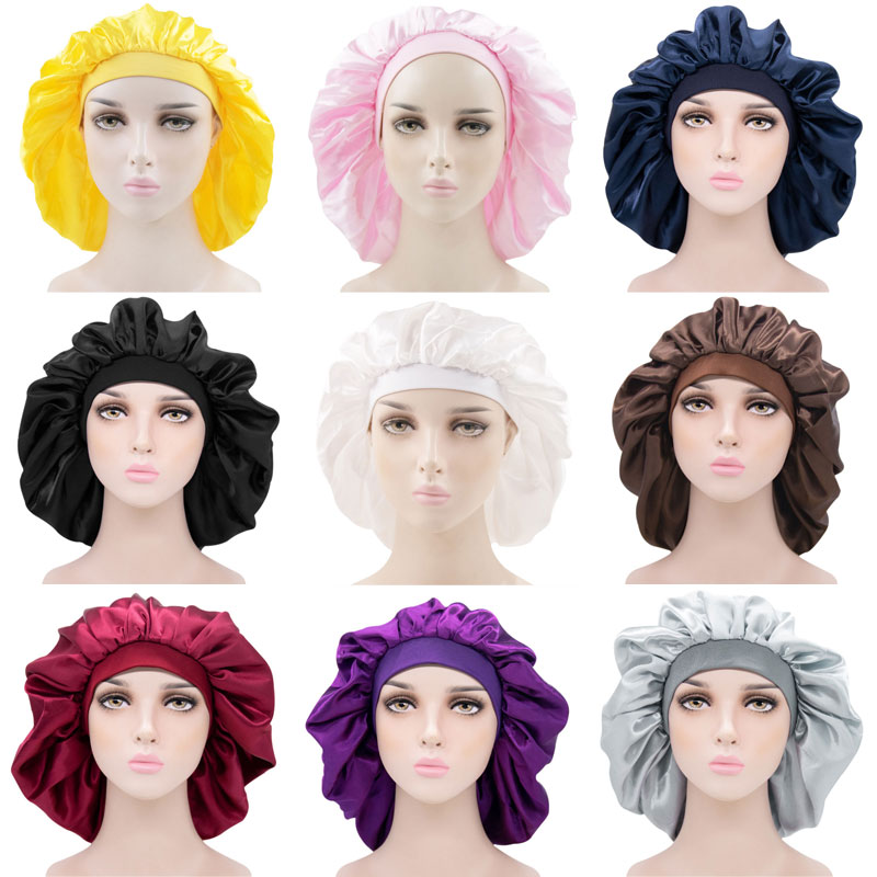 

Solid Color Wide Band Large Satin Bonnet Sleep Caps Women Hair Care Night Hat Headwear Fashion Accessories