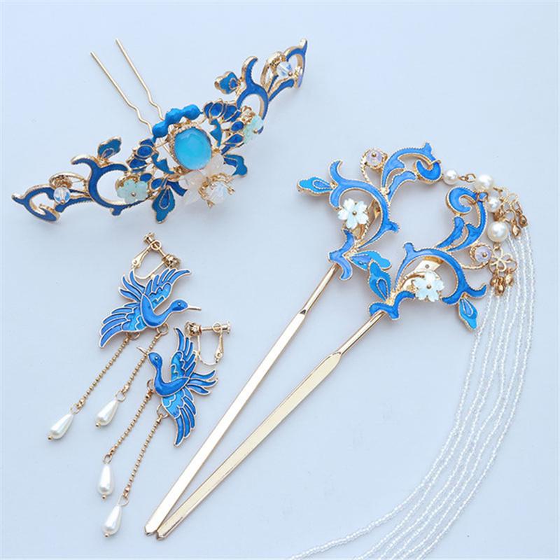 

Earrings & Necklace Blue Retro Headdress Hairpin Female Tassel Ear Clip Temperament Hair Crown Chinese Antique Xiuhe Accessories Jewelry Set, Silver