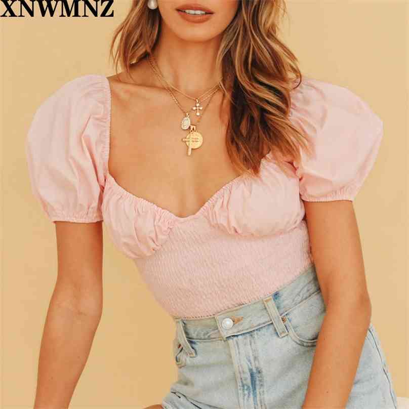 

women summer slim tops elastic gothic blouses womens puff sleeve shirts sexy v-neck short 210520, Pink
