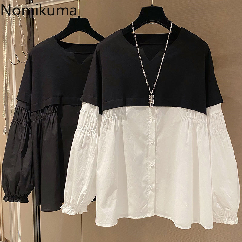 Nomikuma Causal Patchwork Doll Shirt Korean Hit Color O-neck Blouses Spring New Puff Sleeve Blusas Camisas Para Mujer 6G198 210427