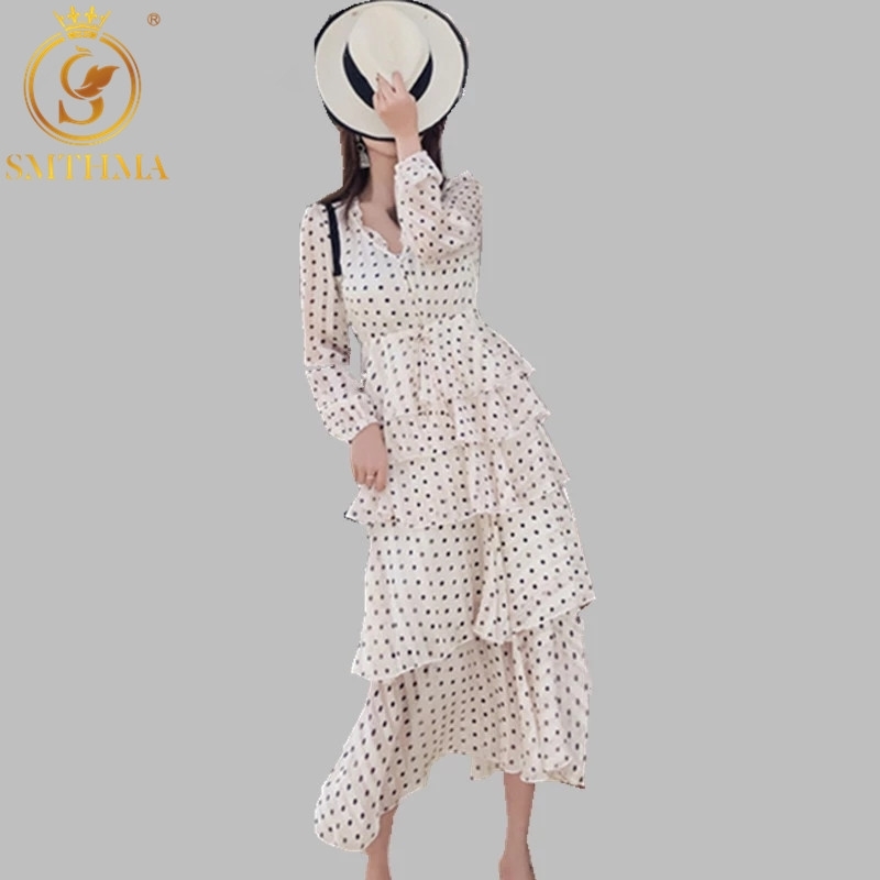 

High Quality Fashion Runway Designer Long Dress Women's Full Sleeve Ruffle Bohemia Dot Dresses Vestidos 210520, Photo color