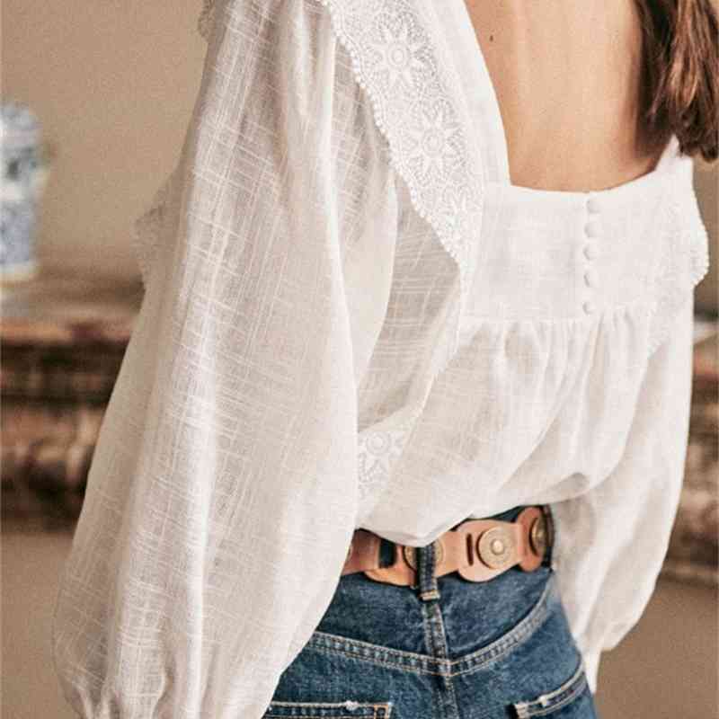 

Spring Lace Square Collar Women Blouse Sweet Lady White Casual Long Sleeve Shirt Top 210721
