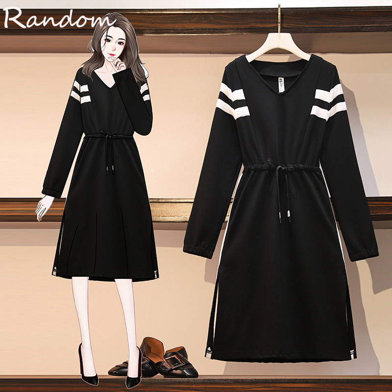

women plus size casual sport dress 2021 autumn v neck long sleeve bandage fashion high waist dresses black white patchwork cloth, Black;gray