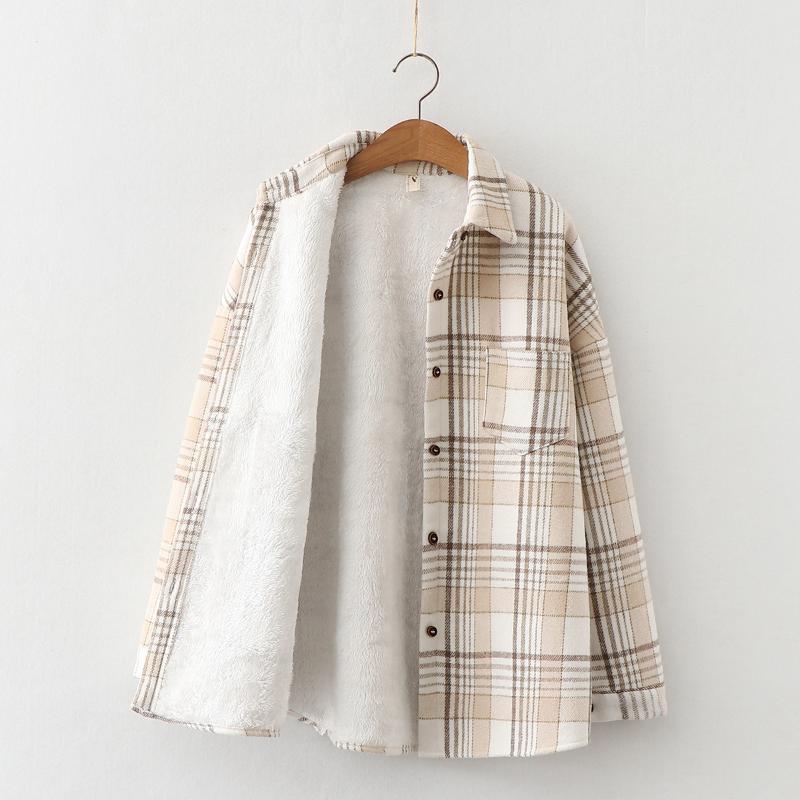 

Women' Jackets Thick Plaid Shirt Women Elegant Long Sleeve Autumn Winter Plus Velvet Sanding Loose Korean Retro Lazy Wind Warm Woolen Jacke, White