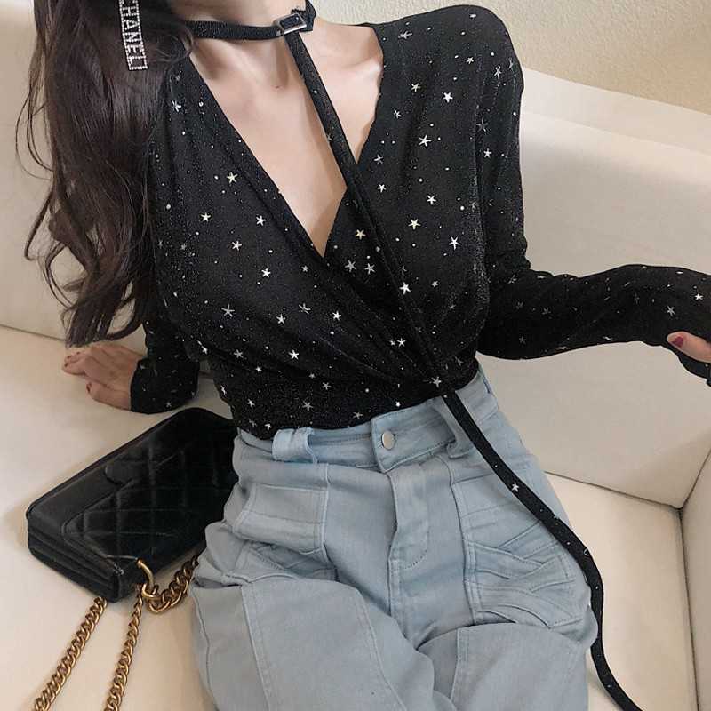 

Sexy Women Blouse Mesh Tops Girl Grey Solid Hollow star Feminina V-Neck Office Lady Knitted Blusas Female Shirts Fit 210601, Black