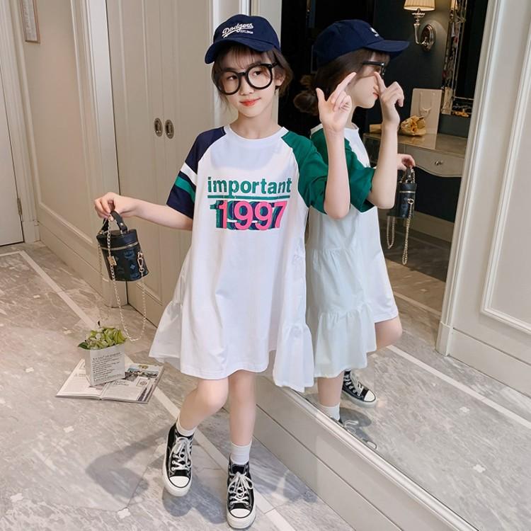 

Girl's Dresses Summer Cotton Ruffles Girls Dress Kids Clothes Short Sleeve Outfits Letters Print Vestidos Teenage Hip Hop Streetwear 5 To 14, White