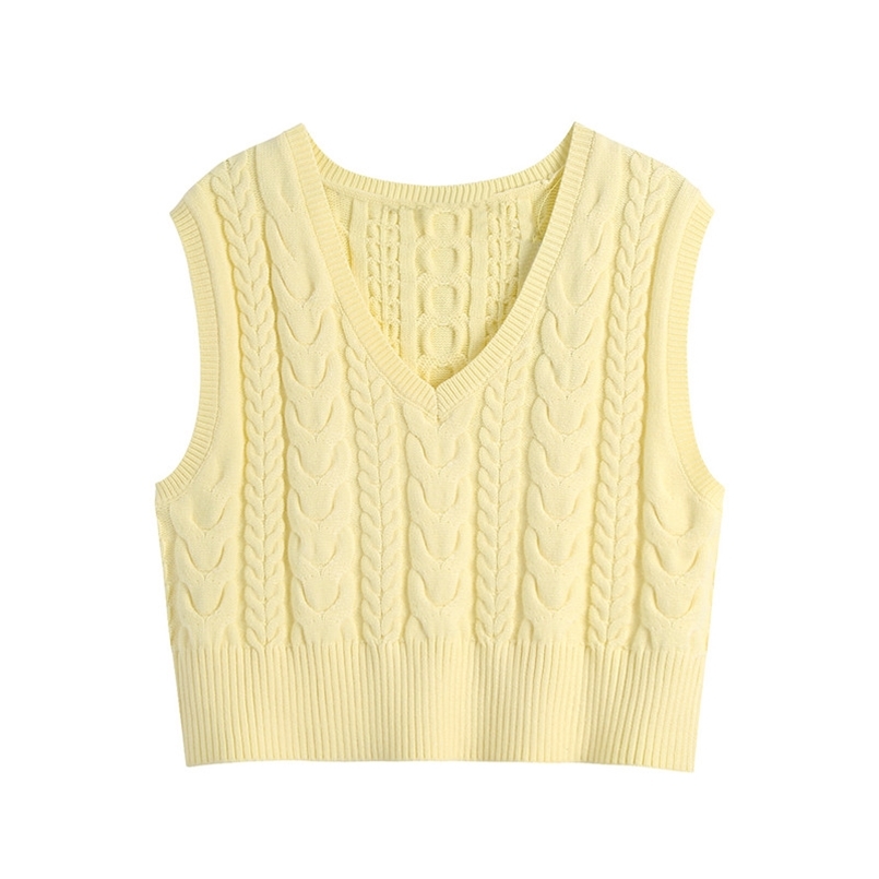 

Fashion Yellow Cable-knit Vest Sweater Women Vintage V Neck Sleeveless Female Waistcoat Chic Short Tops 210429