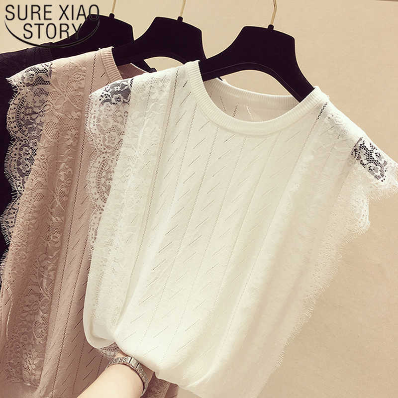 

Korean Summer Women Mesh Shirt Sleeveless O-Neck Lace Knitted Patchwork Tops Chic Solid Hollow Out Clothes Fashion Blusas 210527, Black