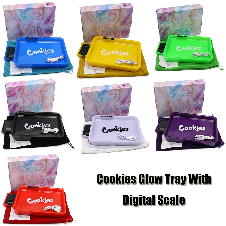 

Cookies Glow Tray With Digital Scale 2 IN 1 Smoking Kit E-Cig Accessories Rechargeable LED Rolling Plate Dry Herb Tobacco Storage Trays Holders