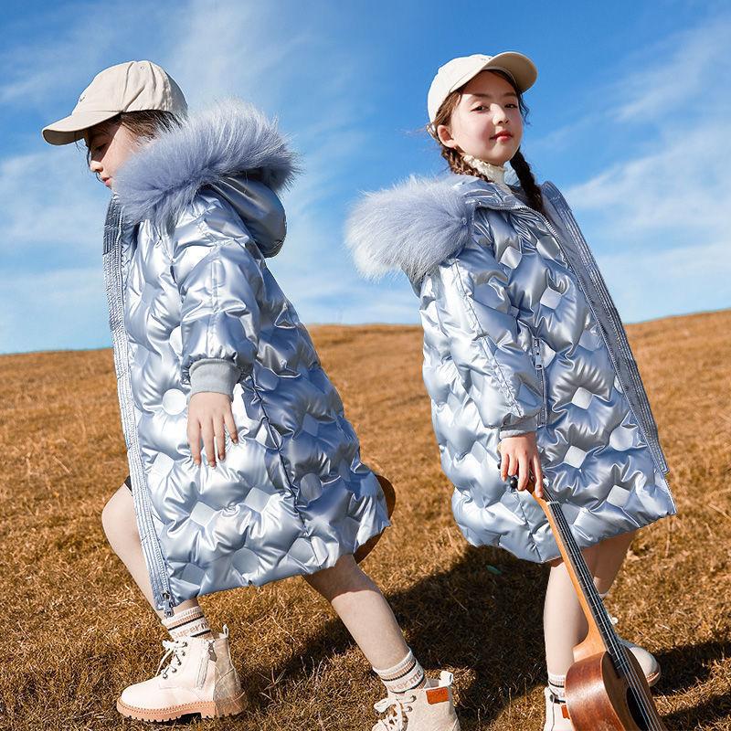 

Down Coat 2021 Winter Children's Shiny Jackets Girls Fashion Fur Hooded Parkas Kids Waterproof Outdoor Warm Teenage Cotton Outerwear, Blue;gray