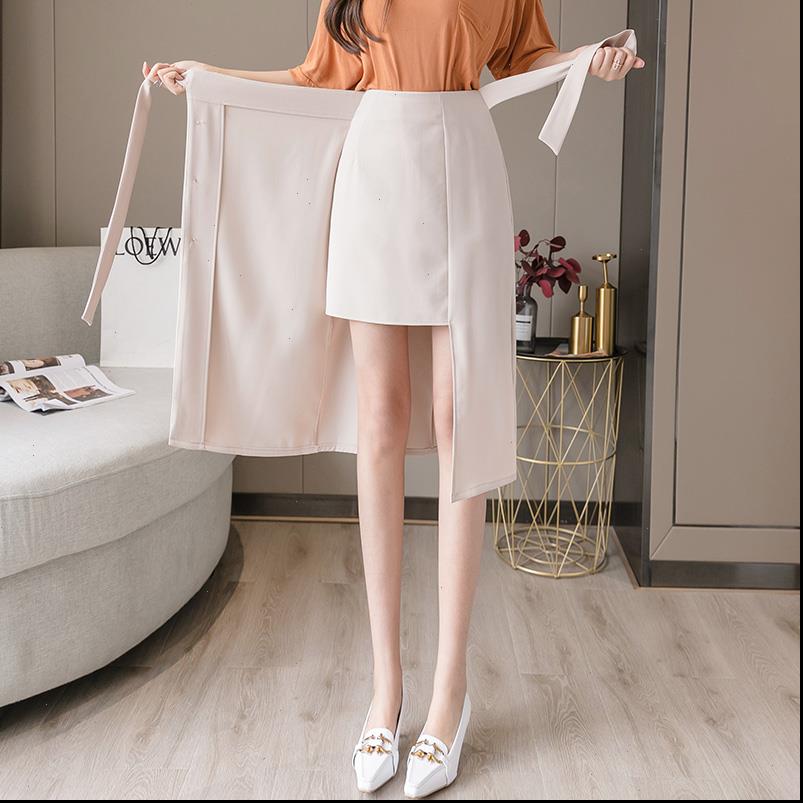 

summer one womens skirts piece sashes long wrap autumn high waist lace up skirt with slit korean office lady work, Black