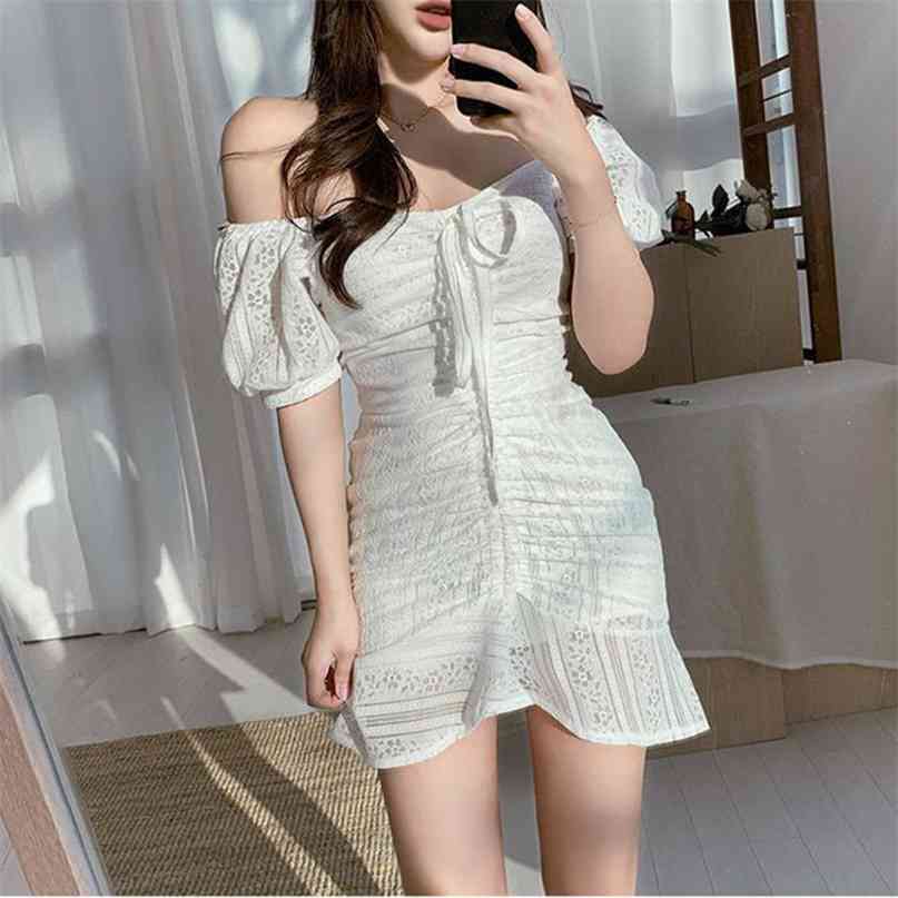 

Elegant Women White Lace Dress Sexy Slash Neck Off Shoulder Short Sleeve High Waist Draped Ruffles Mini Party Beach 210603