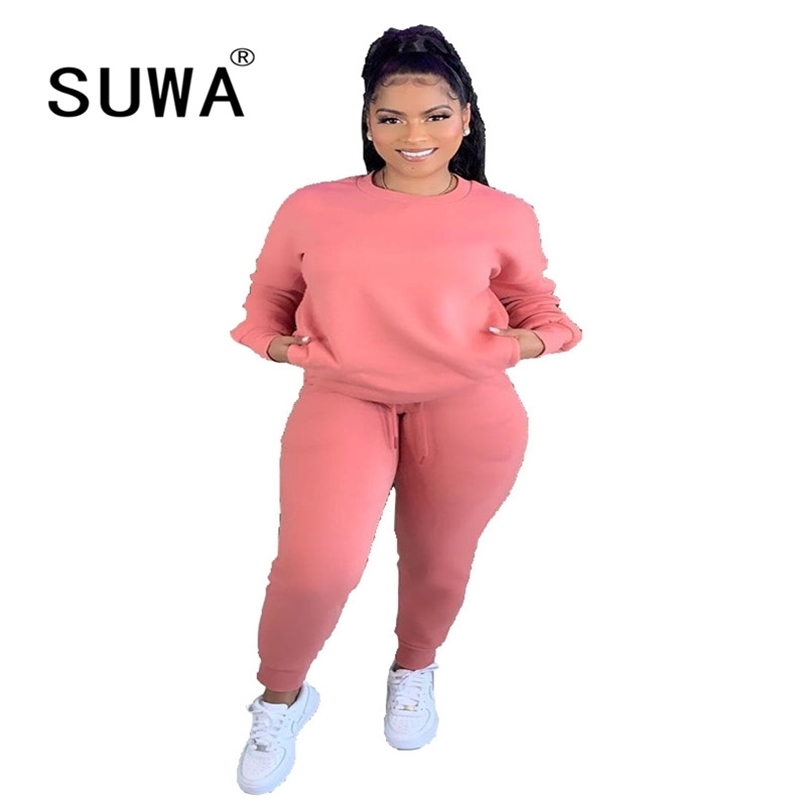 

Fall Winter Lounge Wear Workout Tracksuit Women Matching Sets Sweatshirt Top And Baggy Trousers Sweatpants 2 Pieces Outfits 210525, Fuchsia